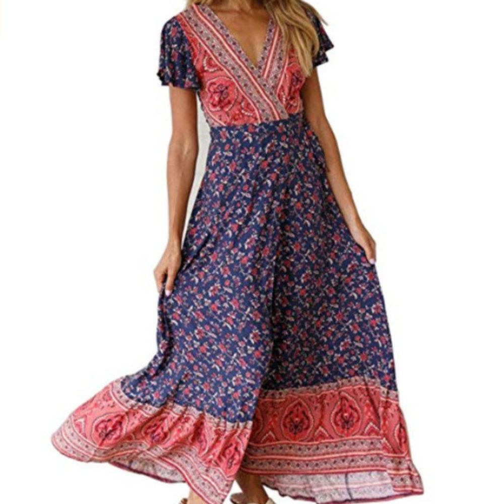 sexy boho floral Printed Wrap v-neck dress SIZE L - Picture 4 of 8